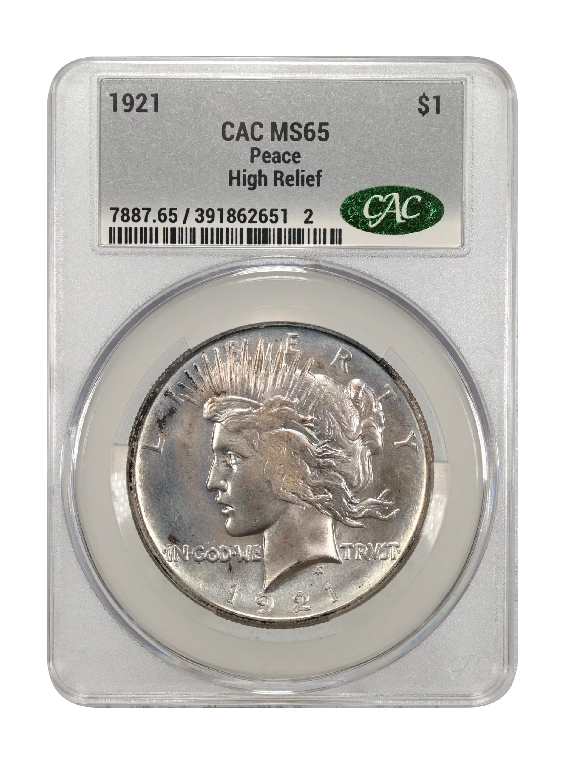 The obverse slab shot of a 1921, High-relief, Peace dollar graded a mint state 65 by CAC Grading.