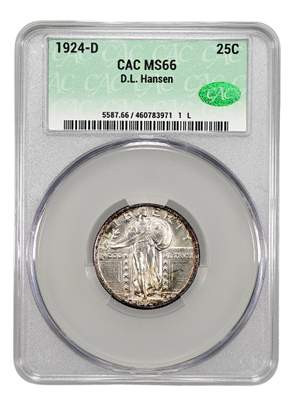 The obverse slab shot of a 1924-D Standing Liberty Quarter graded a Mint State 66 by CAC Grading.