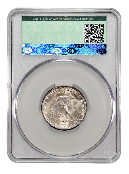 The reverse slab shot of a 1924-D Standing Liberty Quarter graded a Mint State 66 by CAC Grading.