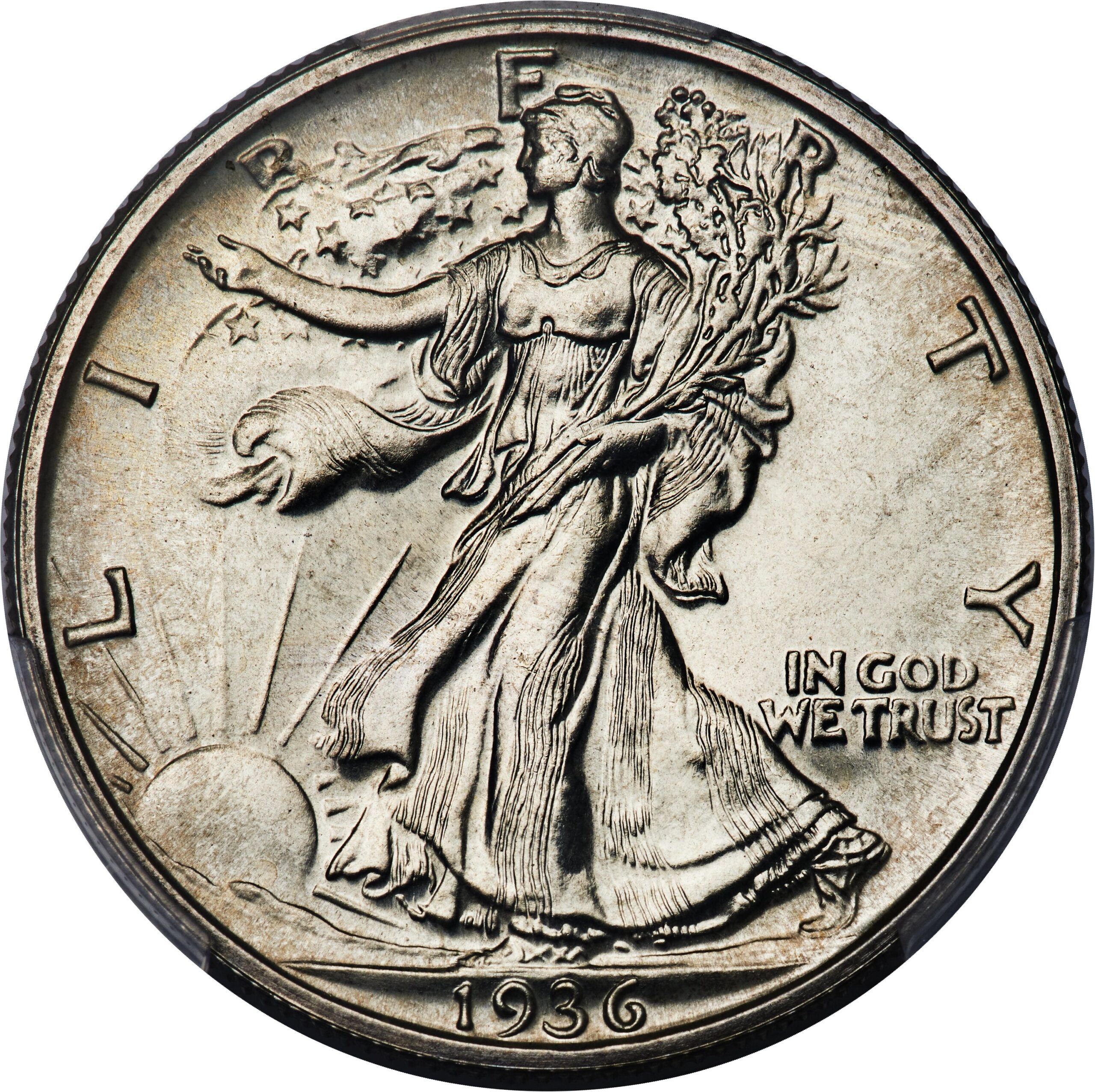 The obverse of a raw, proof 1936 Walking Liberty half dollar.