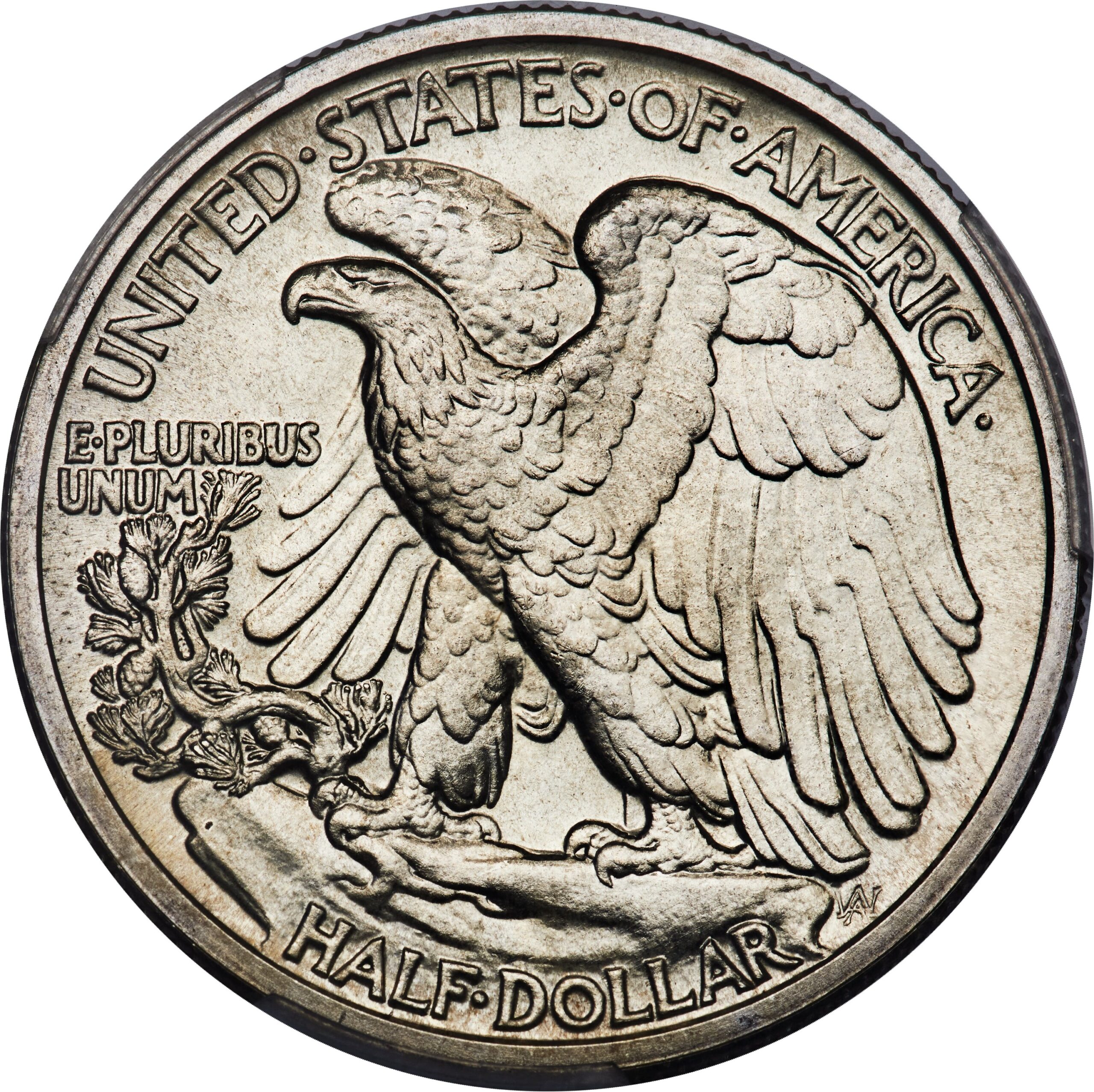 The reverse of a raw, proof 1936 Walking Liberty half dollar.