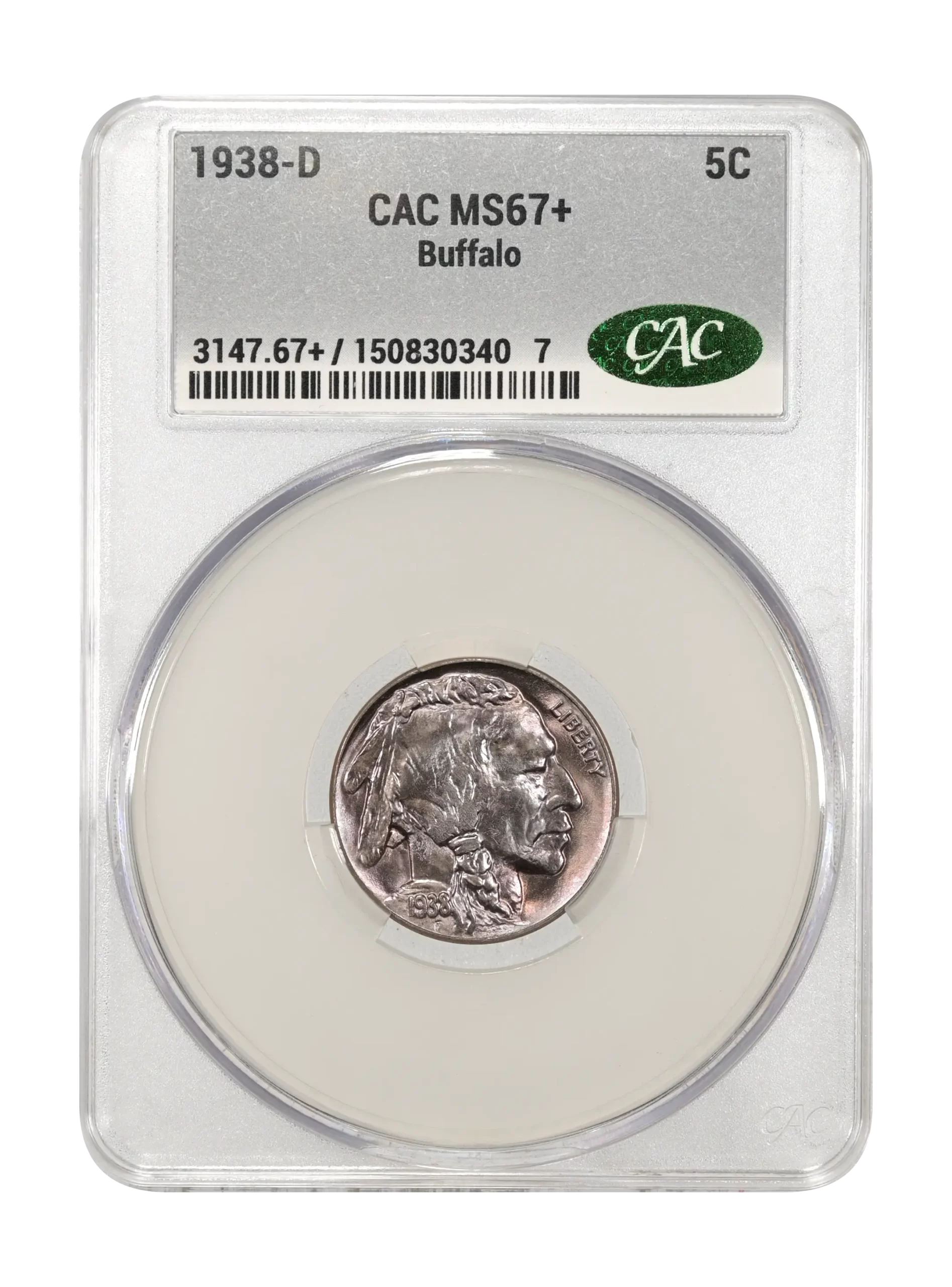 The obverse slab shot of a 1938-D Buffalo Nickel graded a mint state 67 plus by CAC Grading.