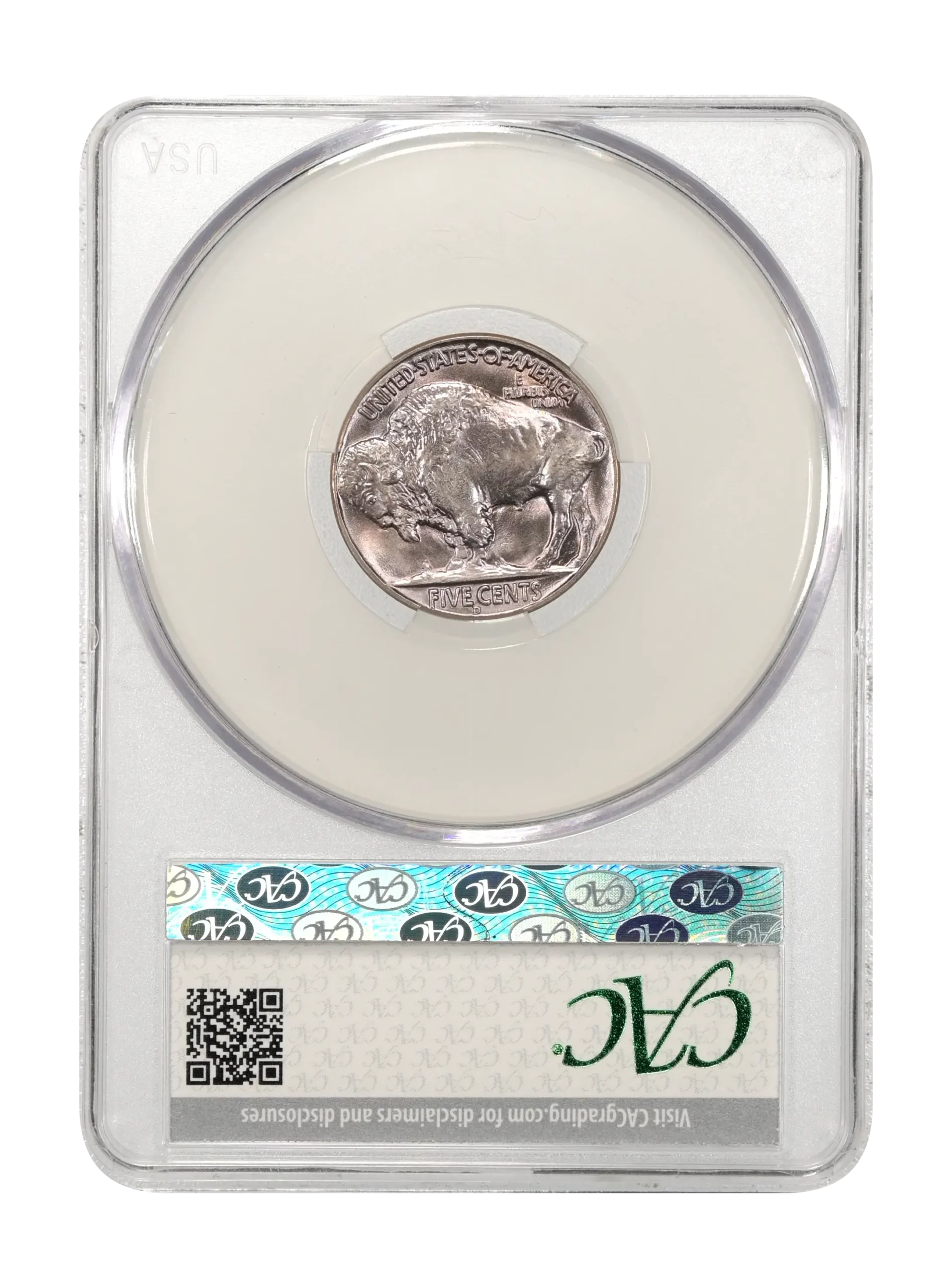 The reverse slab shot of a 1938-D Buffalo Nickel graded a mint state 67 plus by CAC Grading.