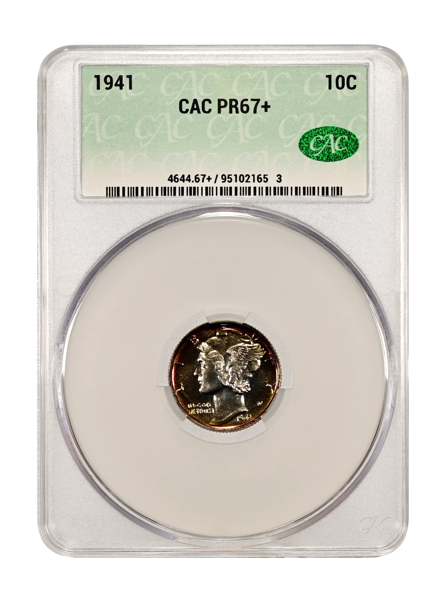The obverse slab shot of a 1941 Mercury dime graded a Proof 67 plus by CAC Grading.