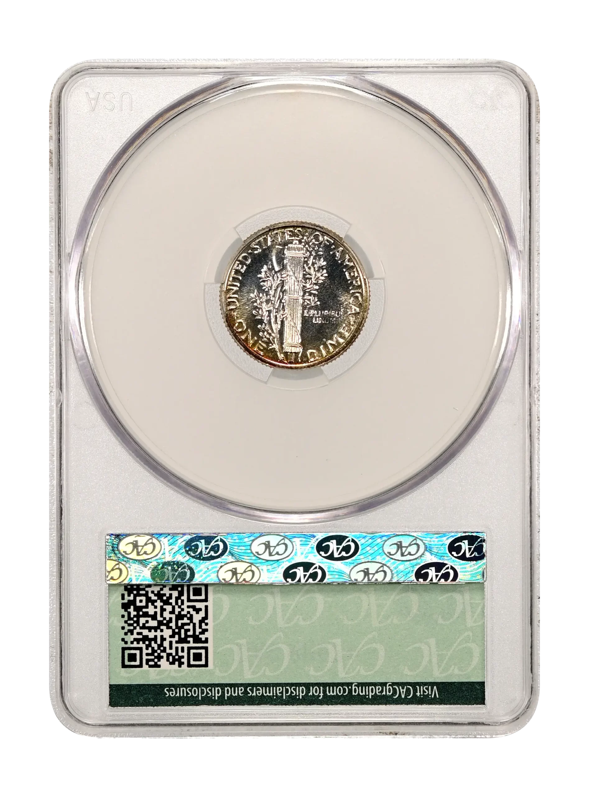 The reverse slab shot of a 1941 Mercury dime graded a Proof 67 plus by CAC Grading.