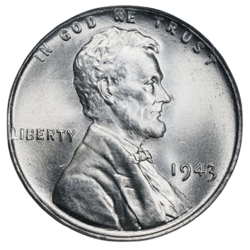 The obverse of a raw 1943 steel Lincoln cent.