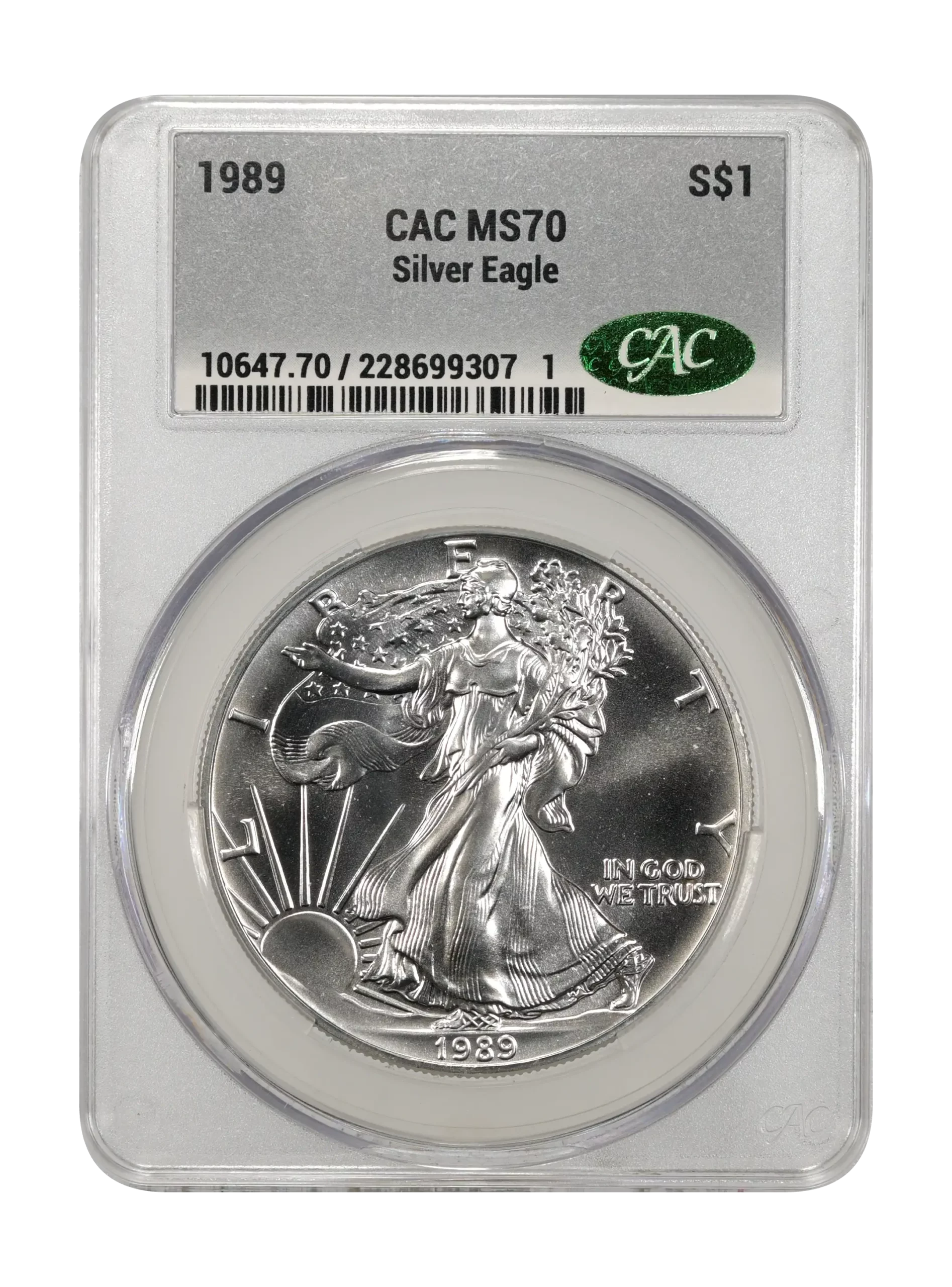 The obverse slab shot of a 1918-S Mercury dime graded a mint state 66 full bands by CAC Grading.