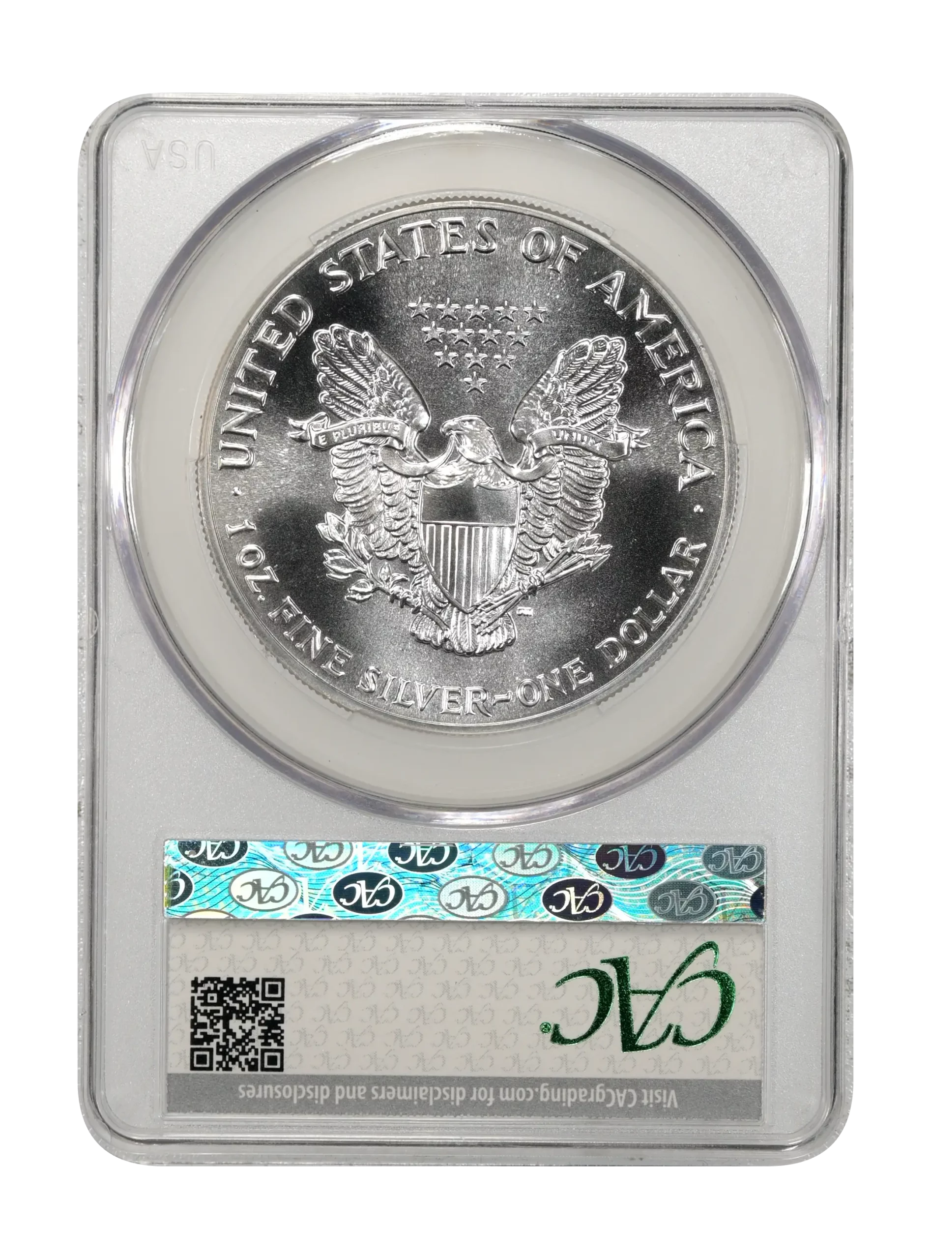 The reverse slab shot of a 1918-S Mercury dime graded a mint state 66 full bands by CAC Grading.