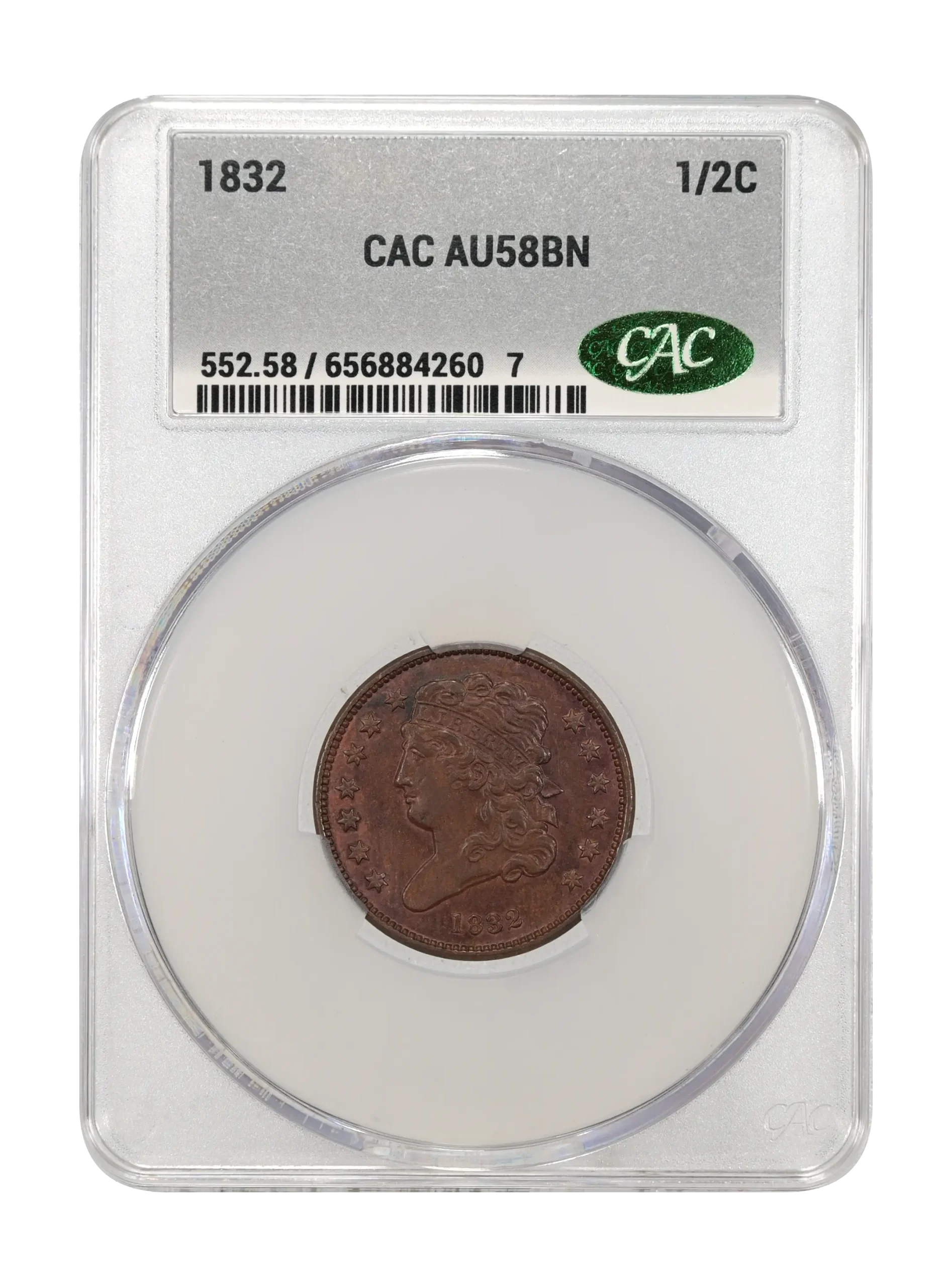 The obverse slab shot of an 1832 half cent, graded an AU58-Brown by CAC Grading.