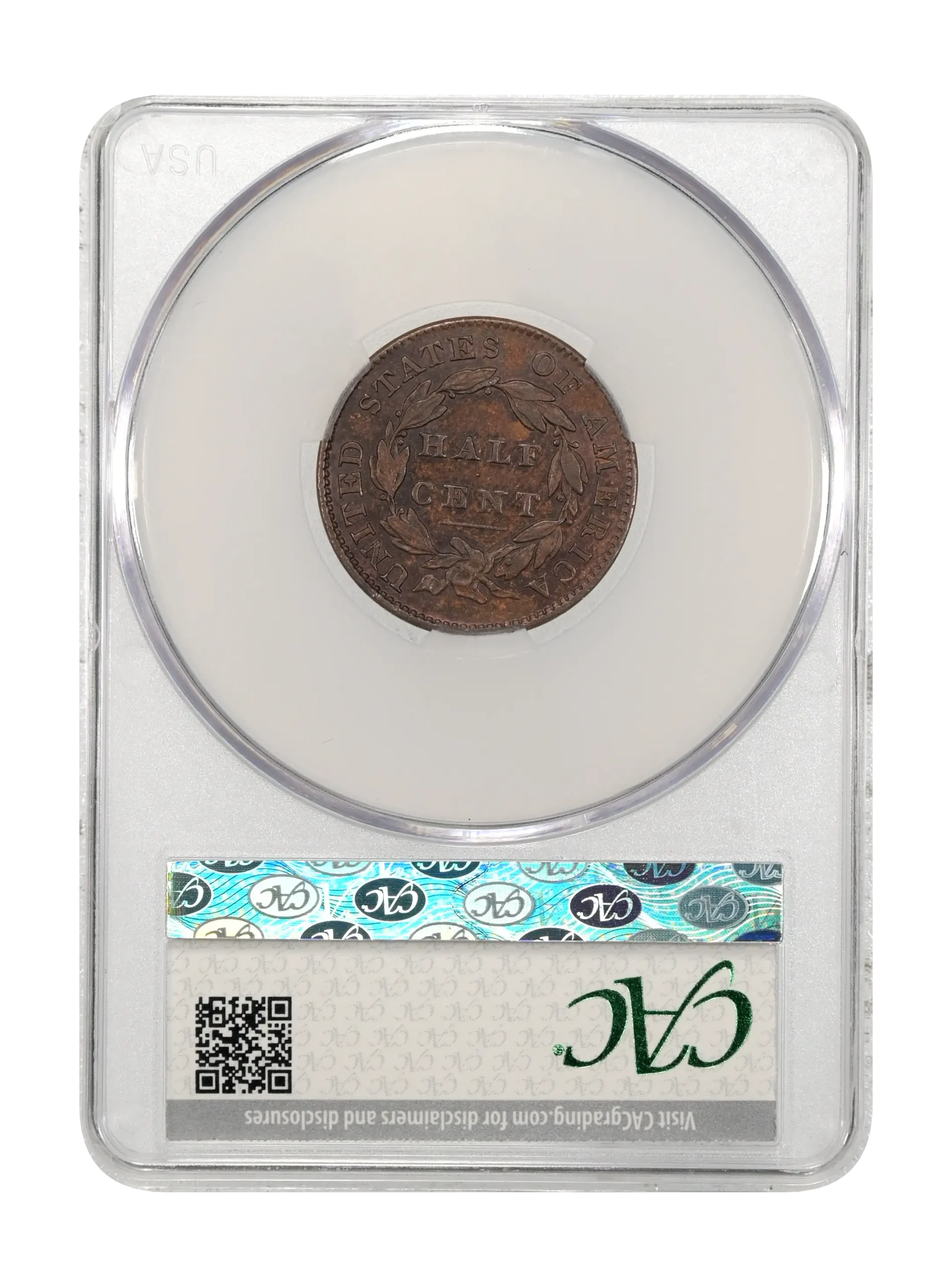 The reverse slab shot of an 1832 half cent, graded an AU58-Brown by CAC Grading.