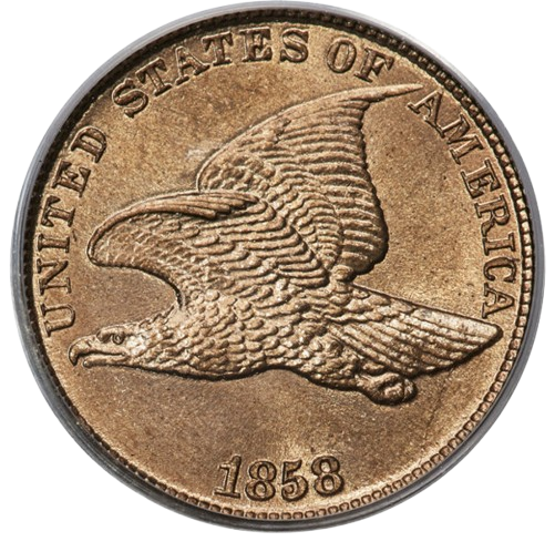 The obverse of a raw 1858 Large Letters Flying Eagle cent.