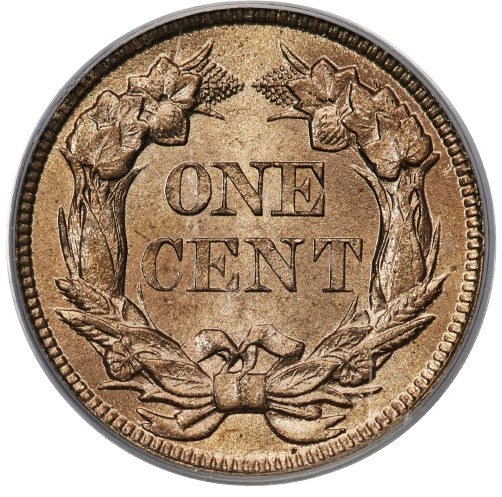 The reverse of a raw 1858 Large Letters Flying Eagle cent.