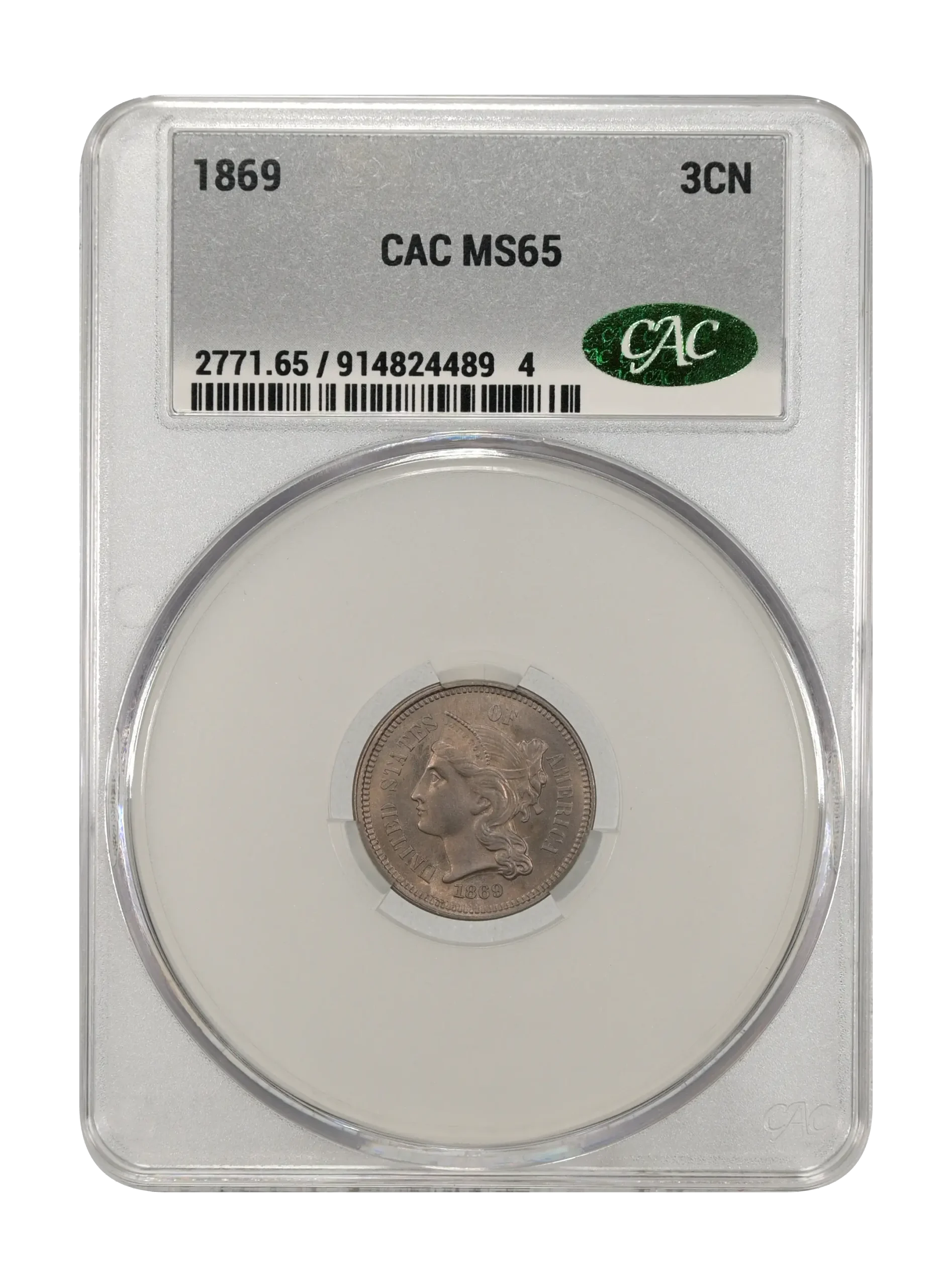 The obverse slab shot of an 1869 three-cent nickel, graded an MS65 by CAC Grading.