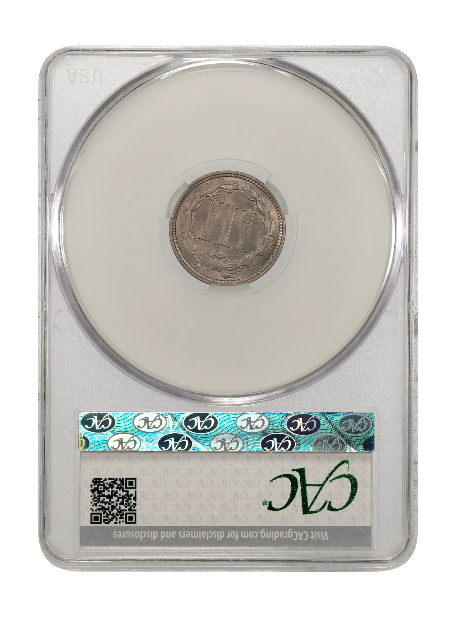 The reverse slab shot of an 1869 three-cent nickel, graded an MS65 by CAC Grading.