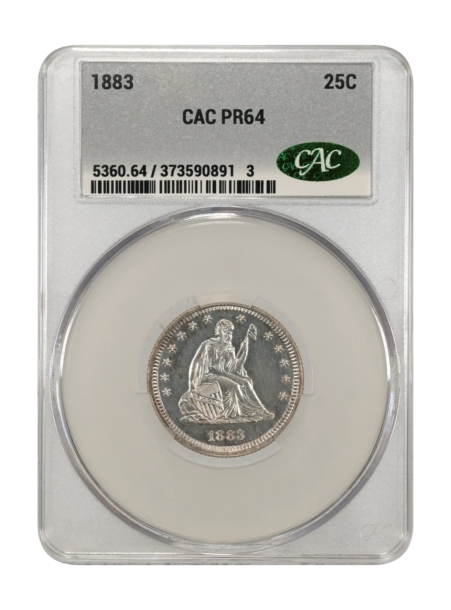 The obverse slab shot of an 1883 Liberty Seated proof quarter, graded a PR64 by CAC Grading.