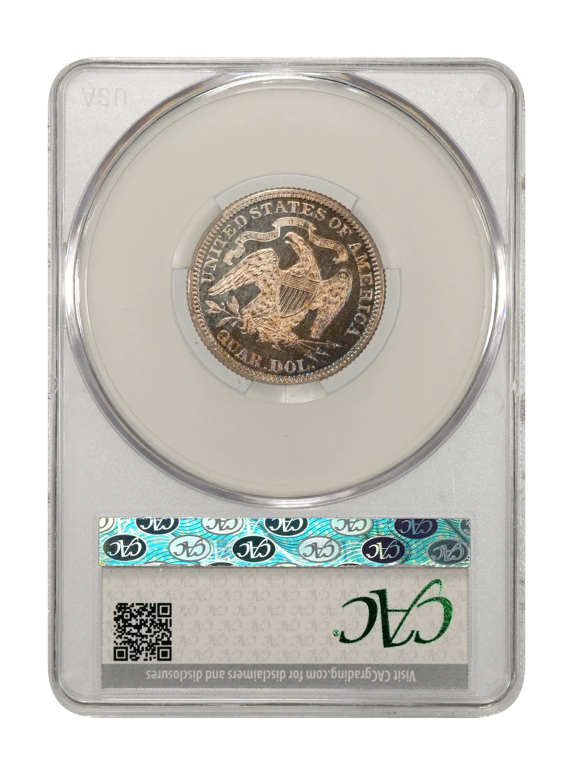 The reverse slab shot of an 1883 Liberty Seated proof quarter, graded a PR64 by CAC Grading.