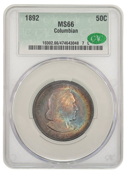 The obverse slab shot of an 1892 Columbian Exposition half dollar, graded an MS66 by CAC Grading.