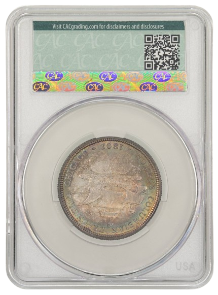 The reverse slab shot of an 1892 Columbian Exposition half dollar, graded an MS66 by CAC Grading.
