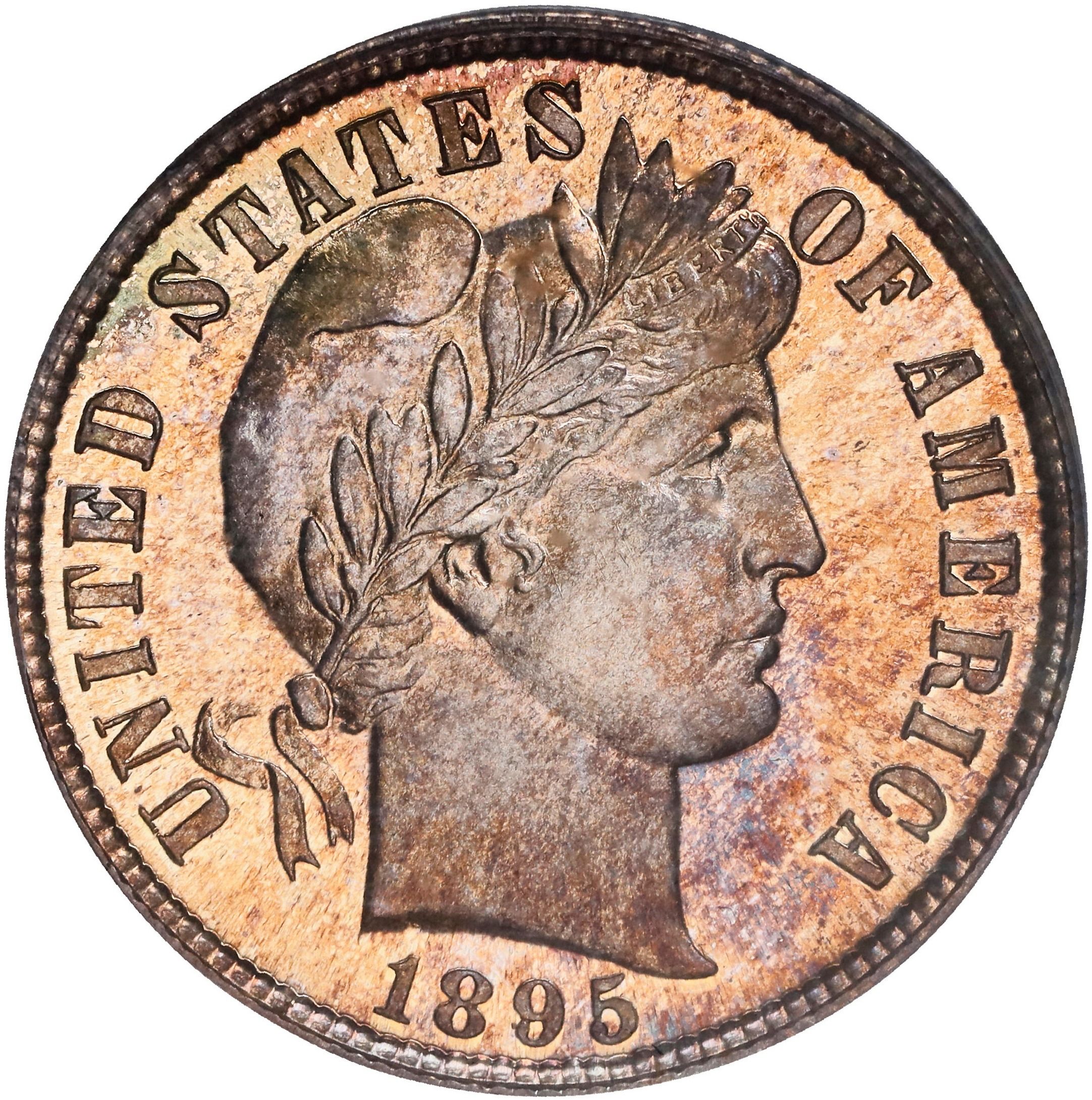 The obverse of a raw 1895, proof, Barber dime.
