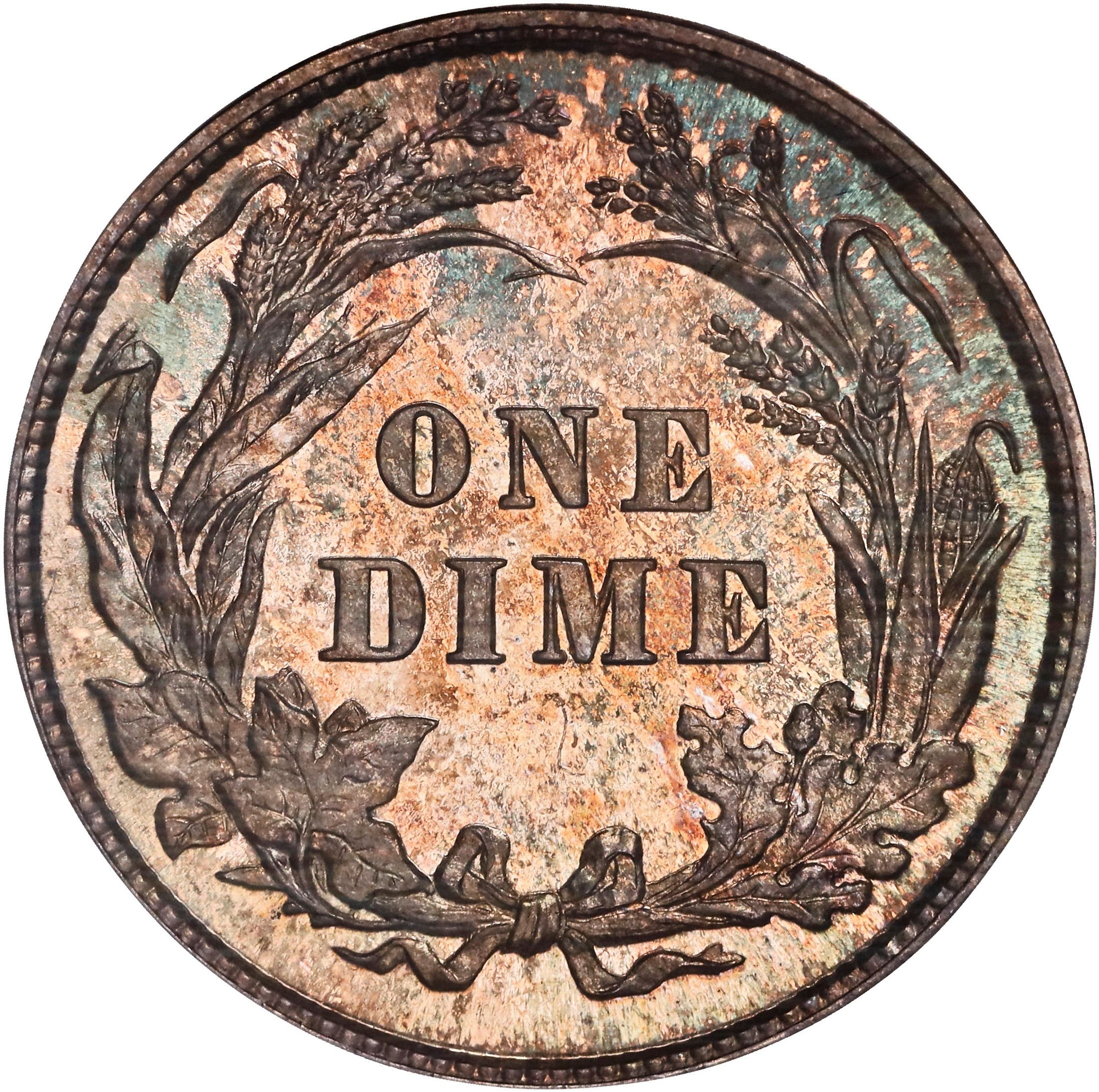The reverse of a raw 1895, proof, Barber dime.