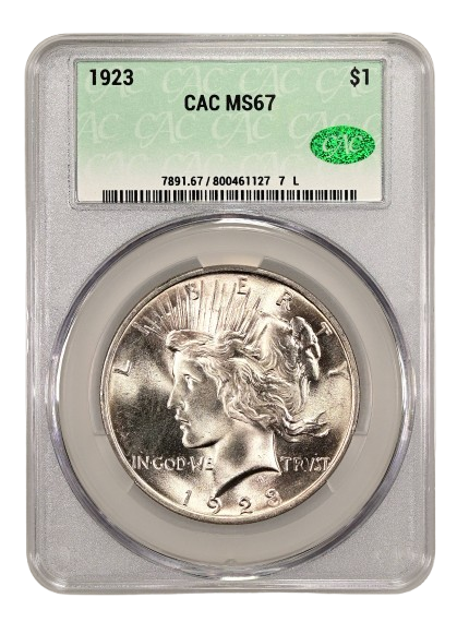 The obverse slab shot of a 1923 Peace dollar, graded an MS67 by CAC Grading.