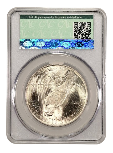 The reverse slab shot of a 1923 Peace dollar, graded an MS67 by CAC Grading.