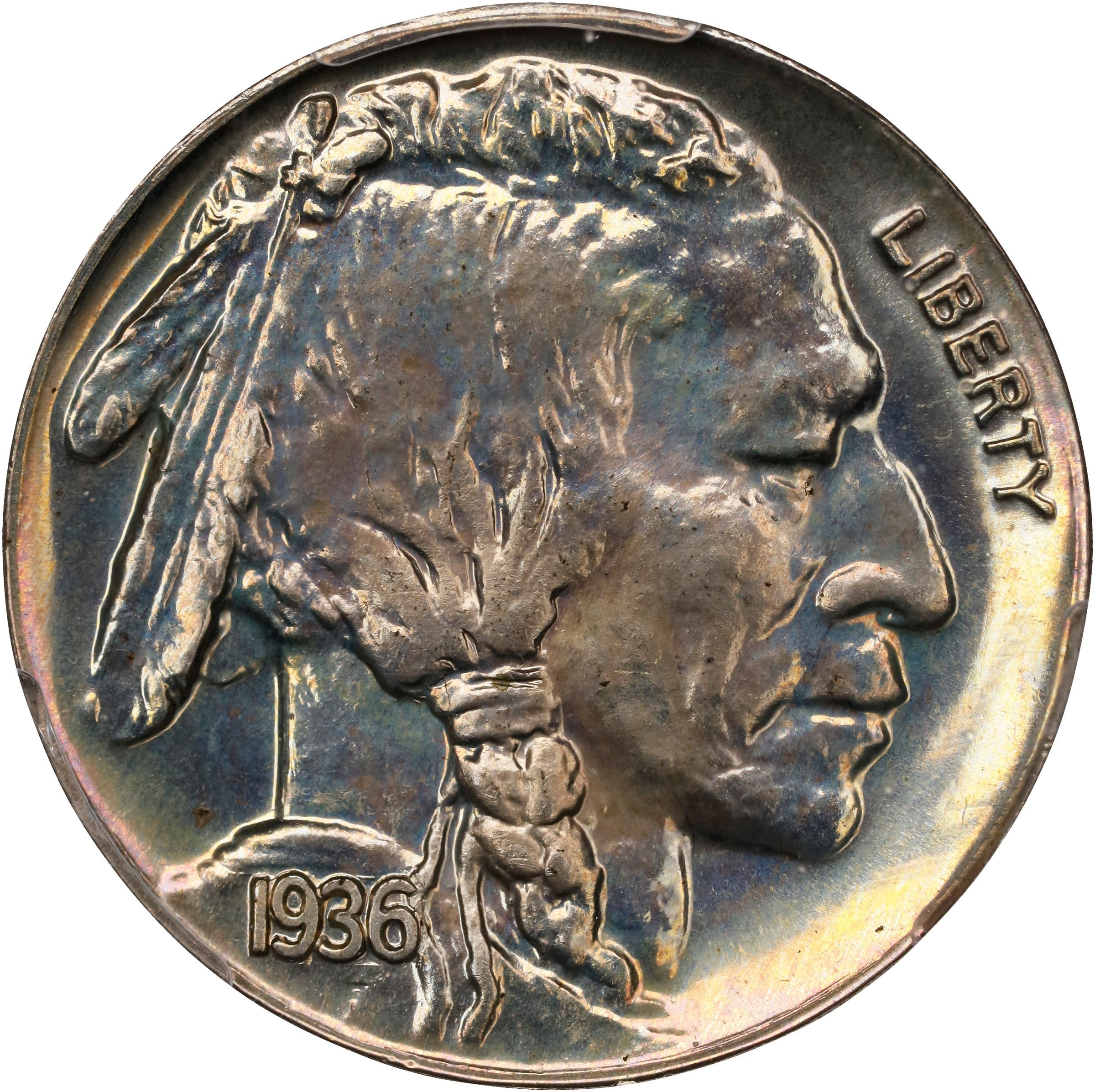 The obverse of a raw 1936, Proof, Buffalo nickel.