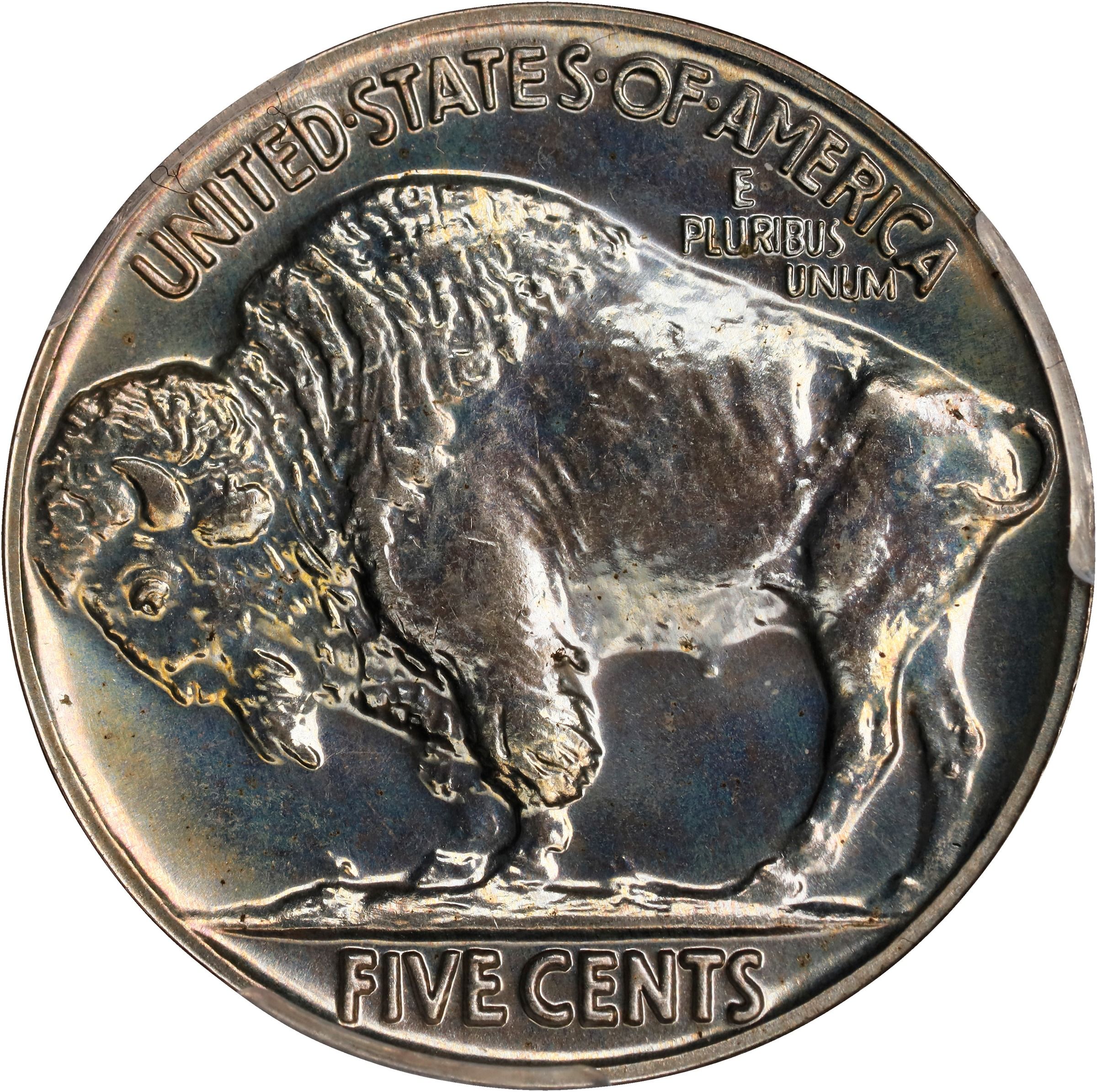 The reverse of a raw 1936, Proof, Buffalo nickel.