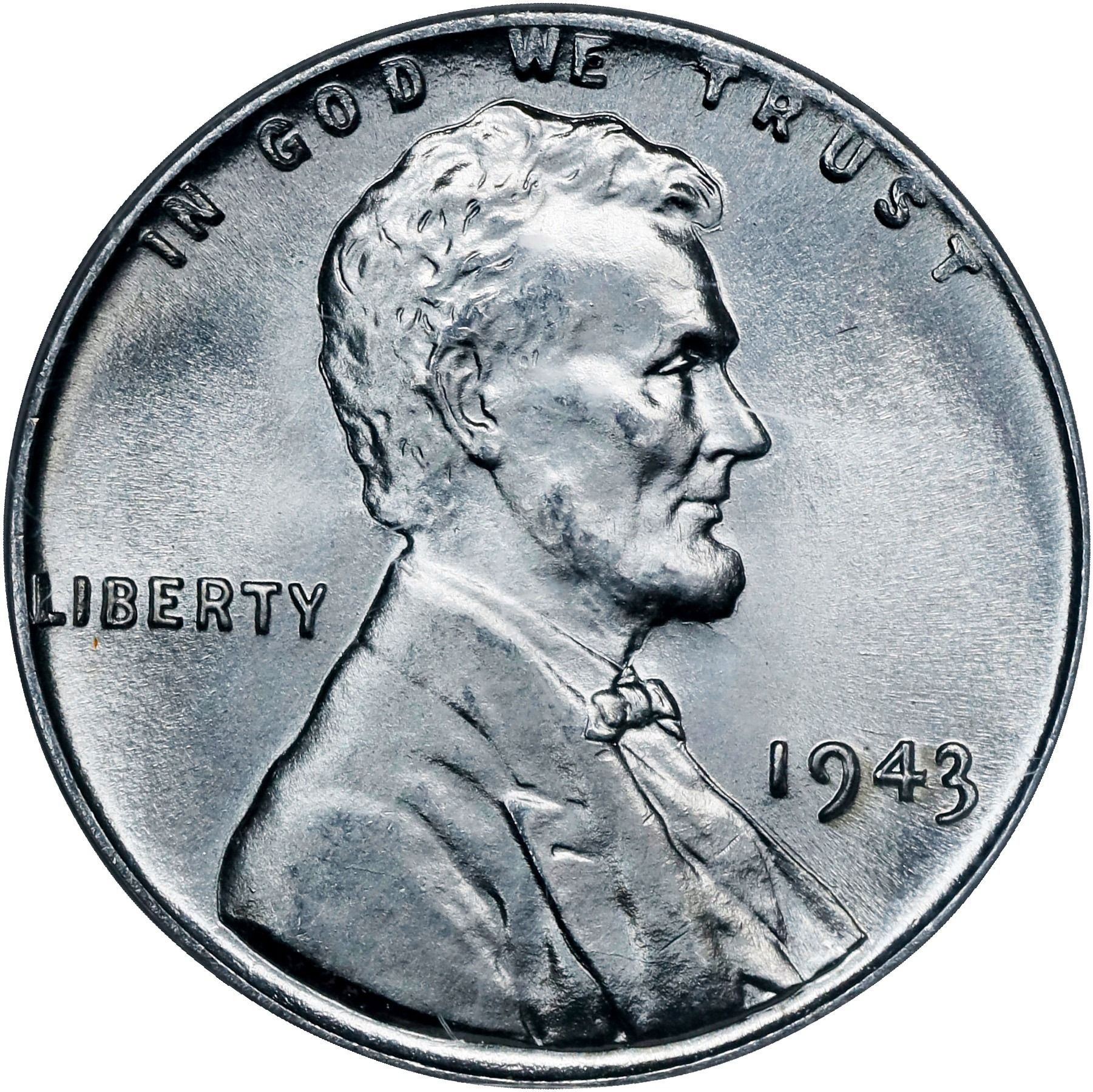 The obverse of a raw 1943 Steel Lincoln Cent.