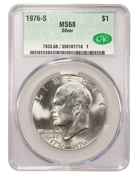 Obverse slab shot of a 1976-S Eisenhower silver dollar, graded an MS68 by CAC Grading.