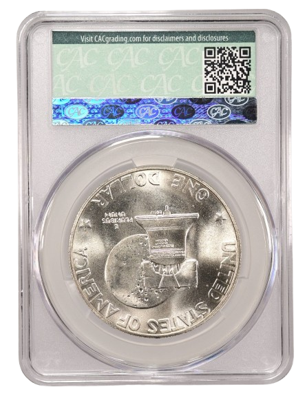 The reverse slab shot of a 1976-S Eisenhower silver dollar, graded an MS68 by CAC Grading.