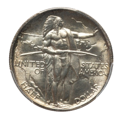 The obverse of a raw 1936 Oregon Trail Memorial half dollar.