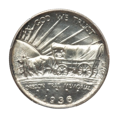 The reverse of a raw 1936 Oregon Trail Memorial half dollar.