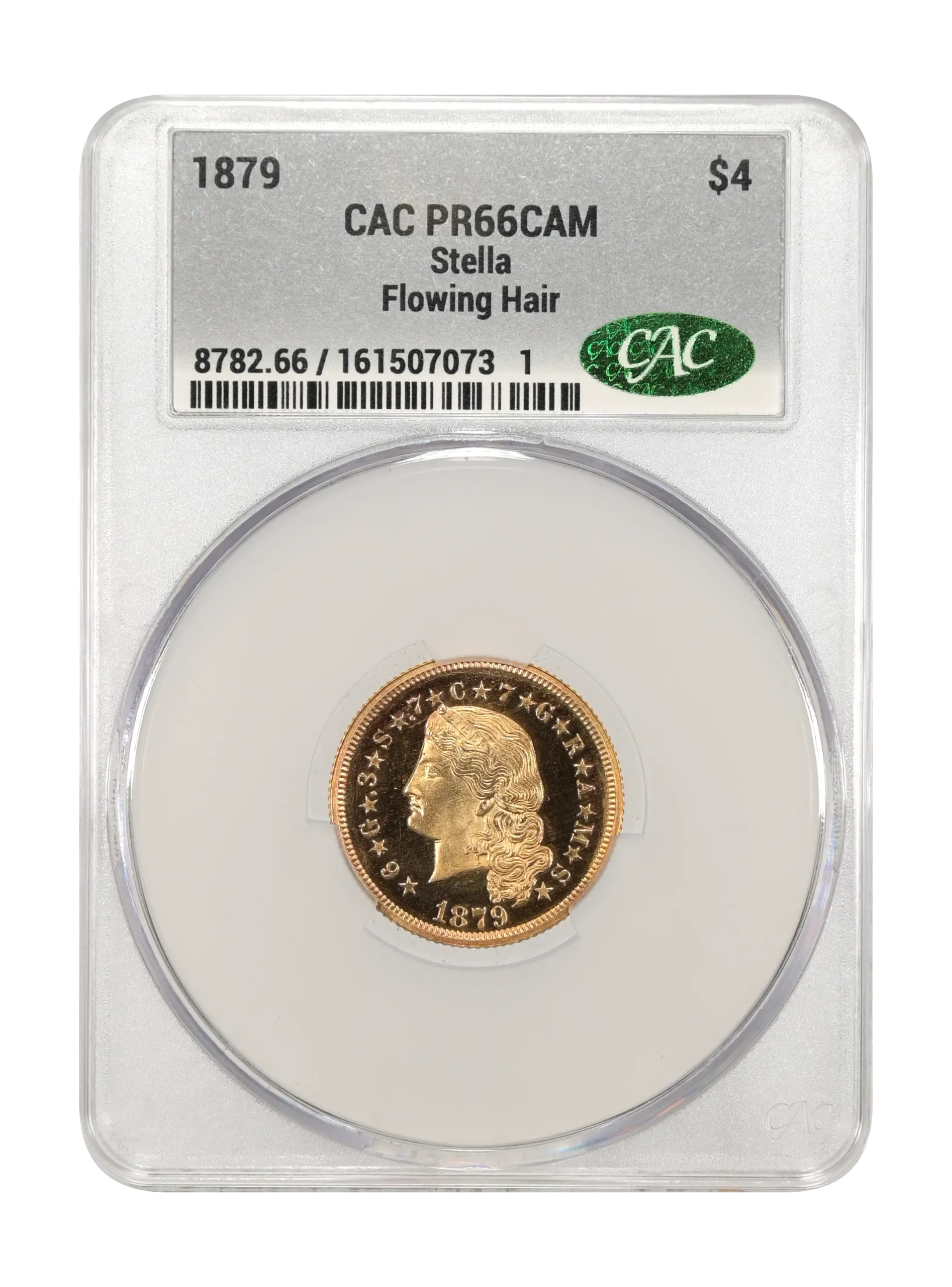The obverse slab shot of an 1879 $4 Stella, Flowing Hair gold piece, graded a proof 66 cameo by CACG.