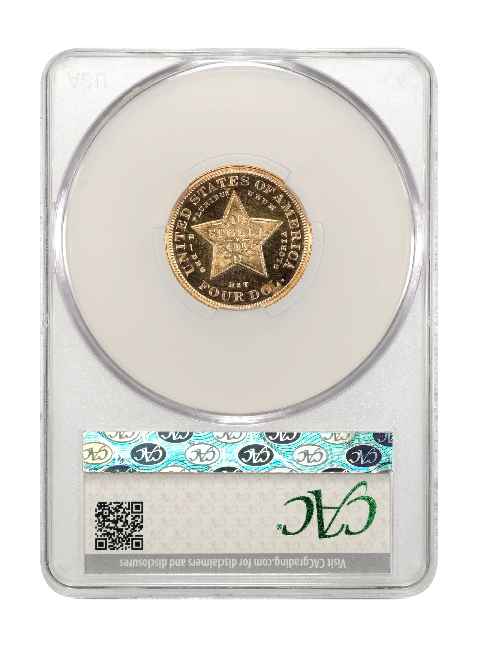 The reverse slab shot of an 1879 $4 Stella, Flowing Hair gold piece, graded a proof 66 cameo by CACG.