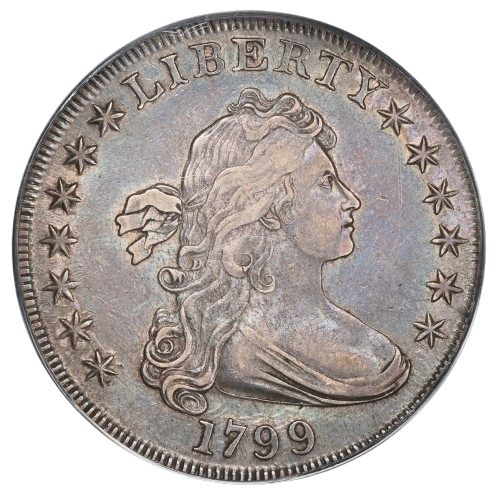 The obverse of a raw 1799 draped bust dollar.
