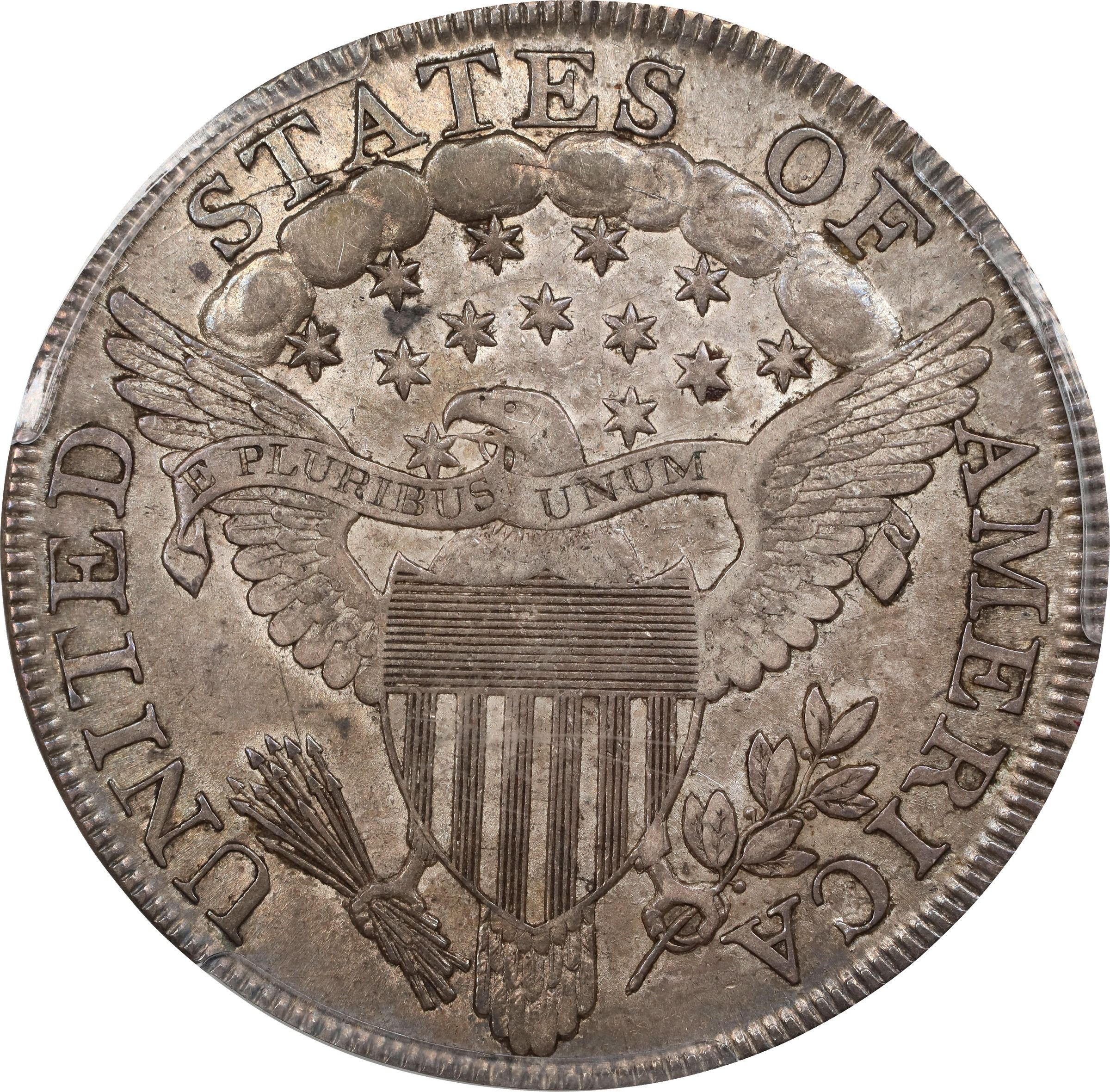 The reverse of a raw 1801 draped bust dollar.