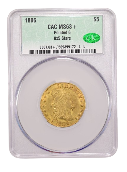 The obverse slab shot of an 1806 Pointed 6, 8x5 Stars $5 gold, graded a mint state 63 plus by CACG.