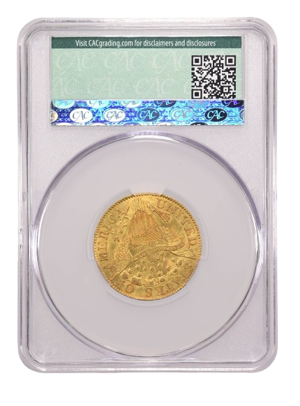 The reverse slab shot of an 1806 Pointed 6, 8x5 Stars $5 gold, graded a mint state 63 plus by CACG.