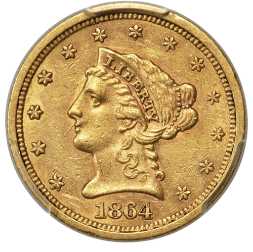 The obverse of a raw 1864 Liberty $2.5 gold piece.
