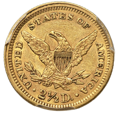 The reverse of a raw 1864 Liberty $2.5 gold piece.