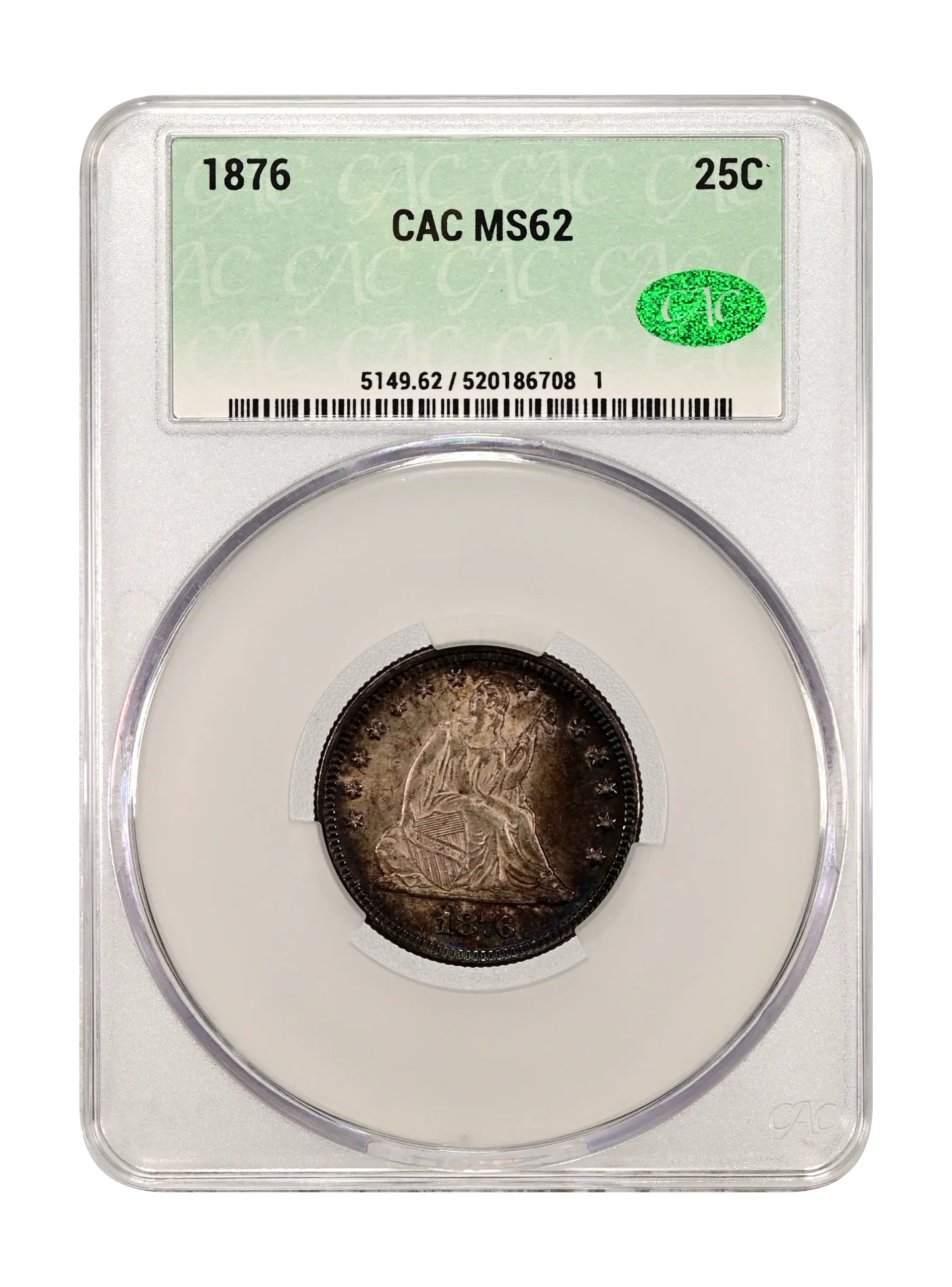 The obverse slab shot of an 1876 Liberty seated quarter graded a mint state 62 by CACG.