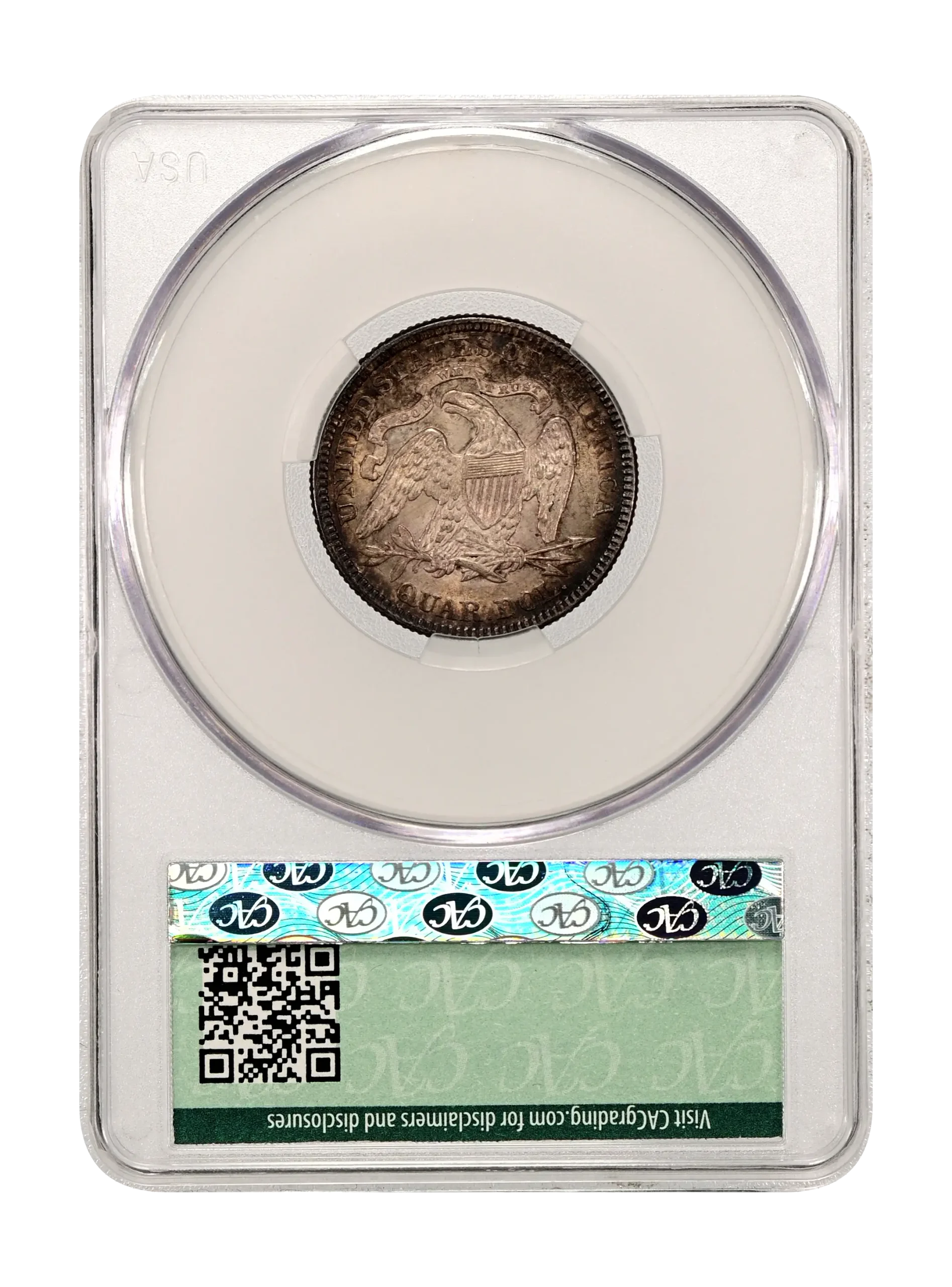 The reverse slab shot of an 1876 Liberty seated quarter graded a mint state 62 by CACG.