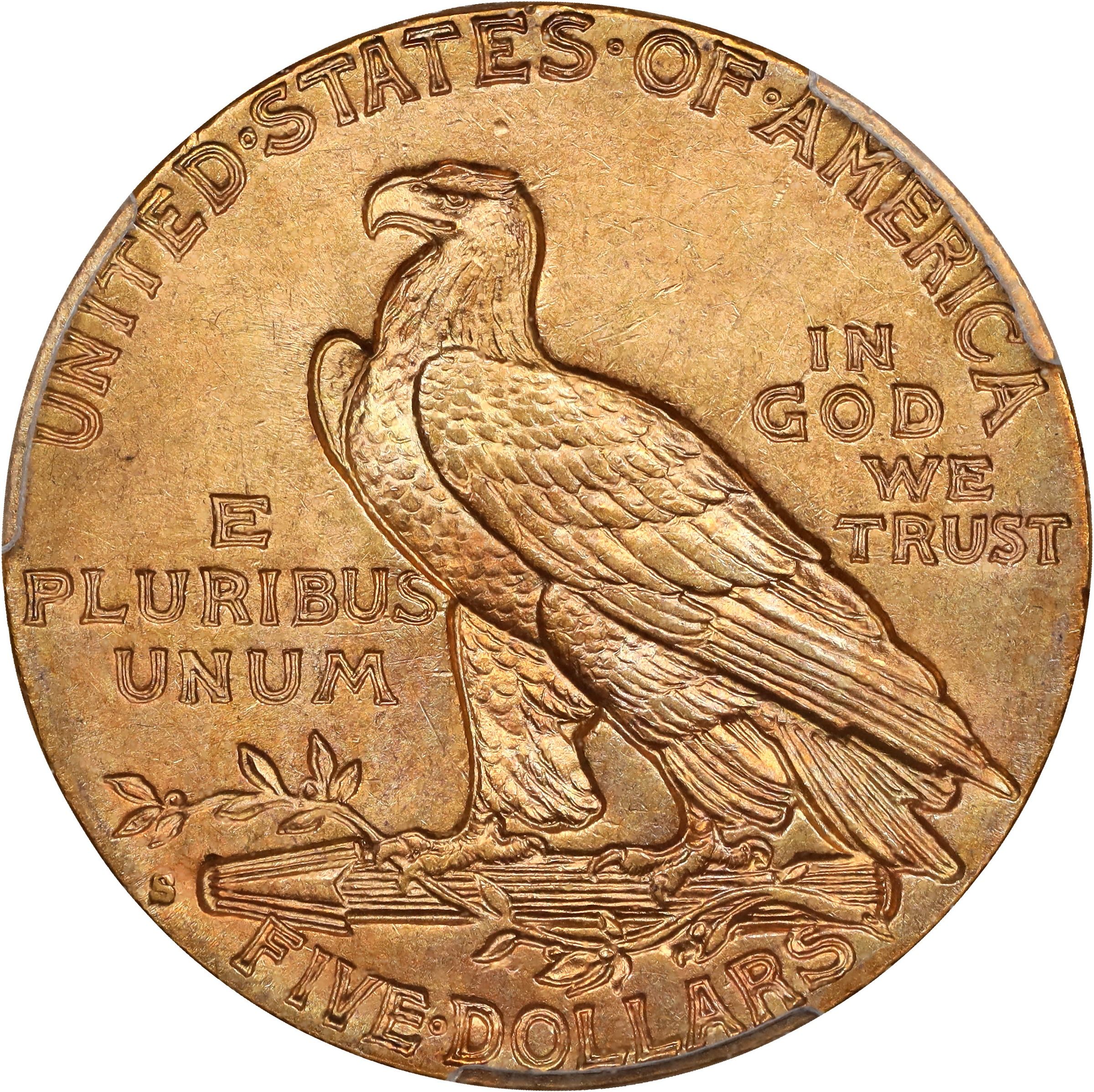 The reverse of a raw 1910-S Indian five dollar gold.