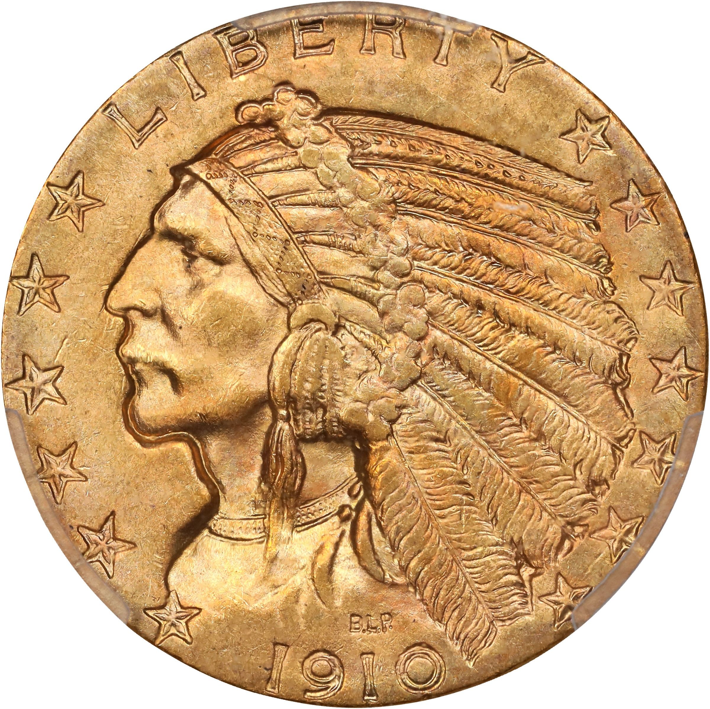 The obverse of a raw 1910-S Indian five dollar gold.