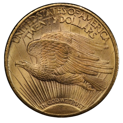 The reverse of a raw 1924 Saint Gaudens $20 piece.