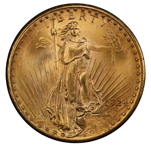 The obverse of a raw 1924 Saint Gaudens $20 piece.