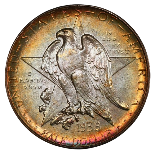 The obverse of a raw 1938-D Texas Centennial commemorative half dollar.