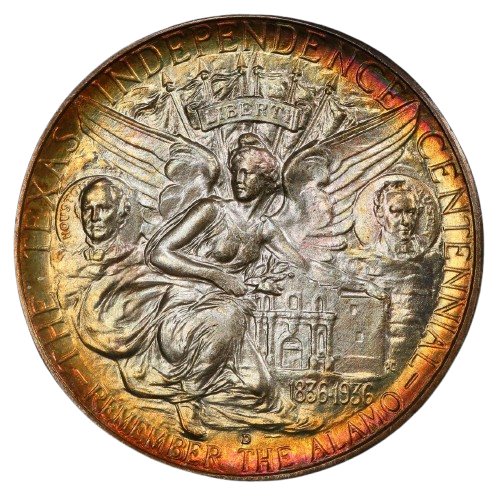 The reverse of a raw 1938-D Texas Centennial commemorative half dollar.