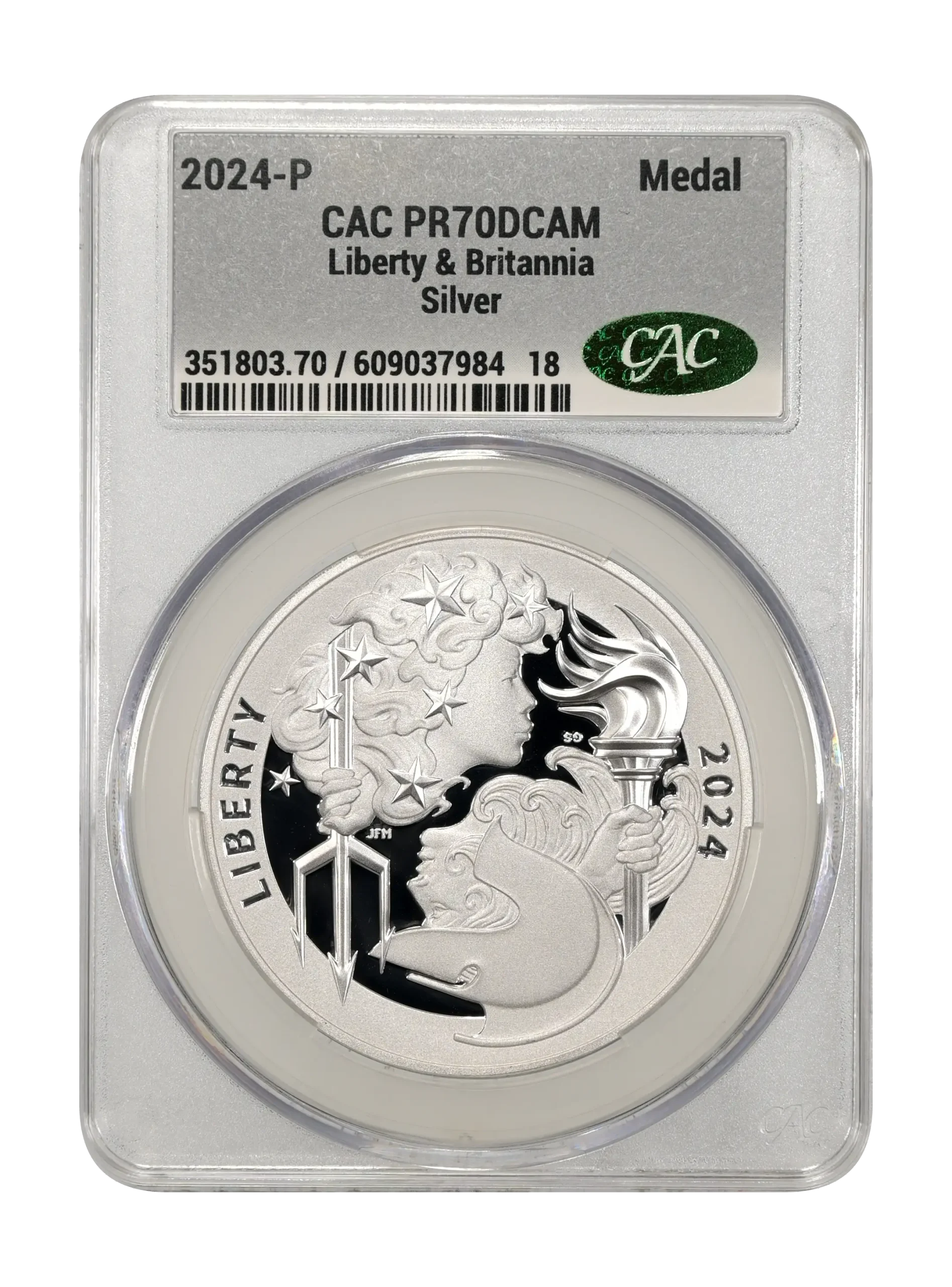 The obverse slab shot of a 2024-P Liberty and Britannia silver medal, graded a proof 70 deep cameo, by CACG.